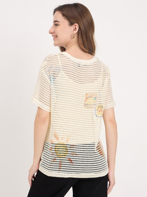 Madame Beige Printed Round Neck Half Sleeve T-Shirt