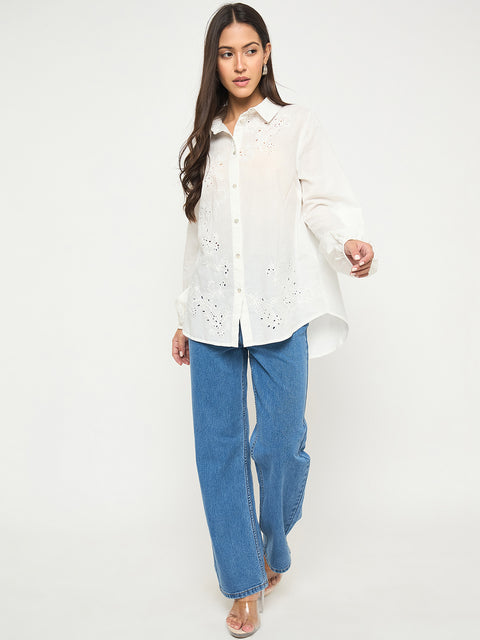 Madame Embroidered and Ruffle Trim Detailed White Cotton Shirt