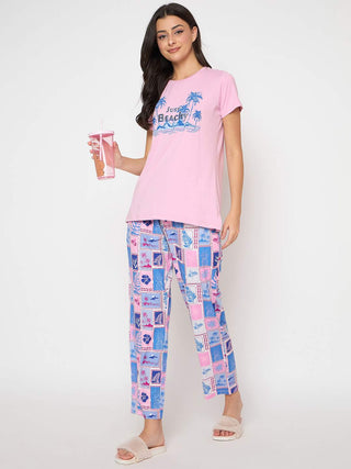 mSECRET Graphic Print Top and Bottom Pink Night Suit