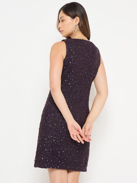 Madame Square Neck Shimmery Purple Sheath Dress