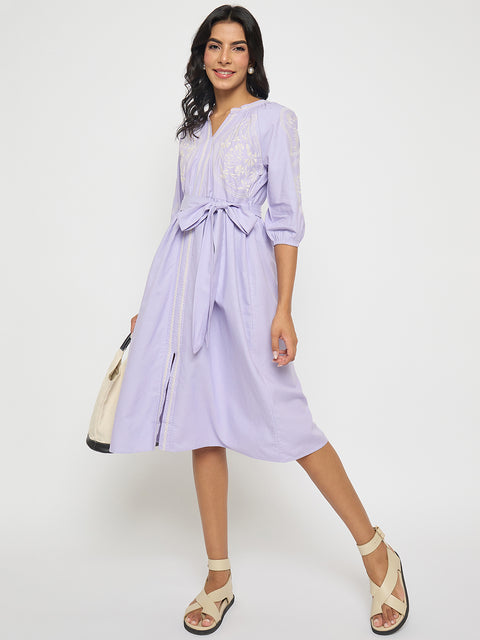 Madame Embroidered Belted A Line Midi Mauve Dress