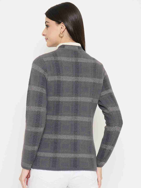 Madame Plaid Nylon Blend Grey Cardigan worn from the back, showcasing the stylish plaid design and comfortable fit.