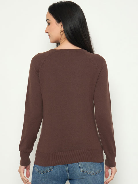 Madame V Neck Coffee Brown Solid Sweater