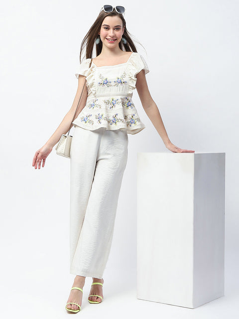 Madame Floral Print Top and Straight Trousers Off White Co-ord Set