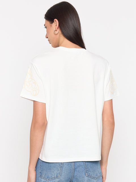 Madame White Cotton Embroidered Half-Sleeve Top