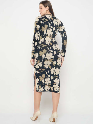 Madame Floral Print Black Knitted Midi Dress