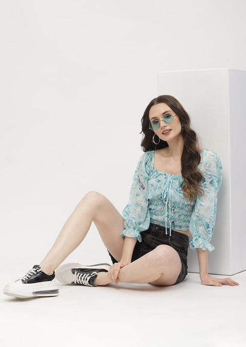 Madame Poet Sleeve Mint Blue Smocked Crop Top