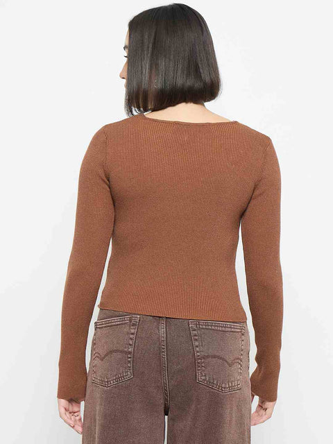 Madame Ribbed Knit Square Neck Coffee Brown Crop Top