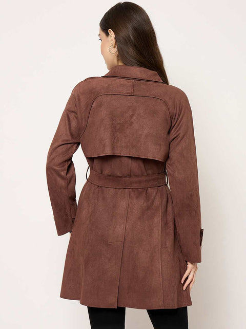 Madame Brown Trench Coat with Notch Lapel Neckline and Belt
