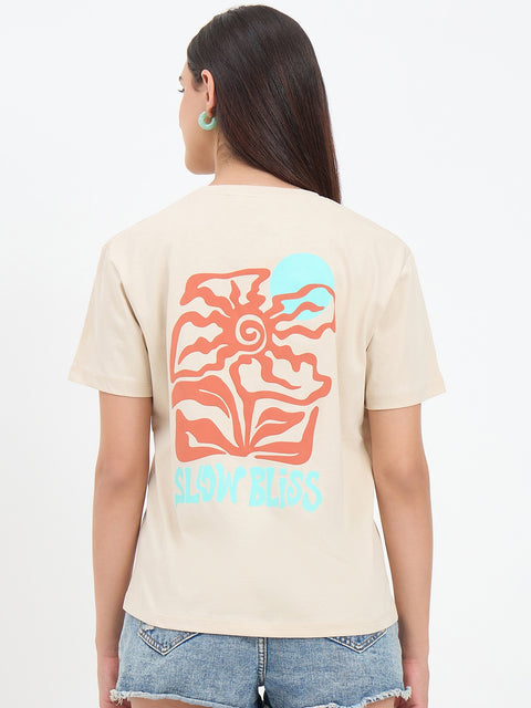 Madame Beige Cotton Printed Half-Sleeve T-Shirt