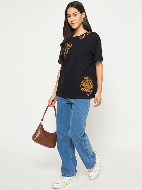 Madame Embroidery Patchwork Detailed Black Cotton T-shirt
