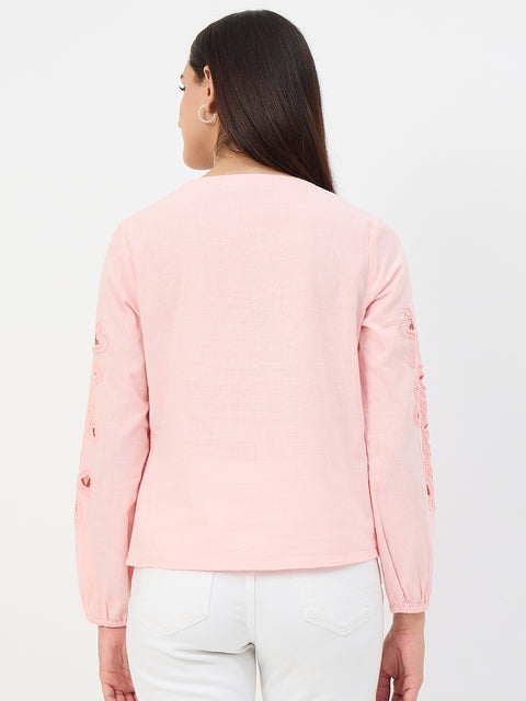 Madame Powder Pink Embroidered Cotton-Linen Tunic Top