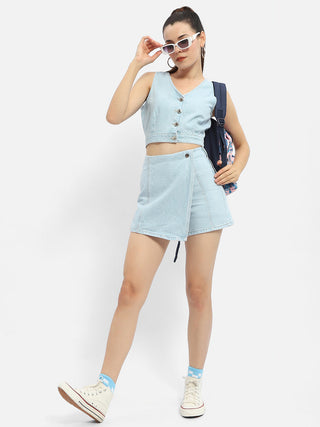 Madame V-Neck Light Blue Denim Crop Top