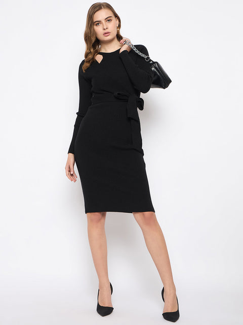 Madame Full Sleeve Tie Waist Black Knit Dress