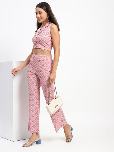 Madame Geometric Print Lapel Notch Peach Co-Ord Set