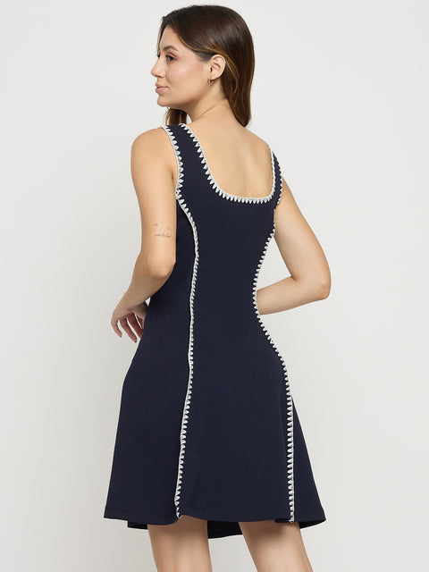 Madame Navy Rayon Blend Sleeveless Fit and Flare Mini Dress