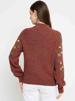 Madame Floral Embroidered Brown Pullover Sweater