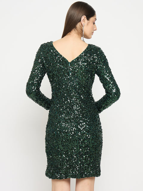 Madame Boat Neck Printed Green Bodycon Dress
