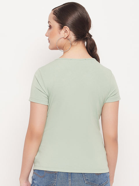 Madame Green Deep V Neck Fitted Cotton T-shirt