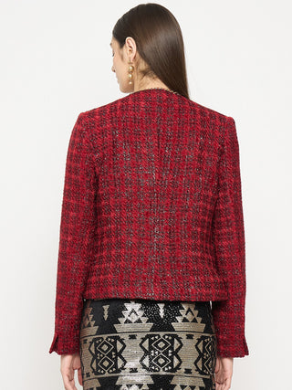 Madame Round Neck Embellished Maroon Tweed Coat