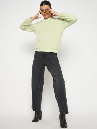 Madame Cotton Blend Solid Apple Green Sweatshirt