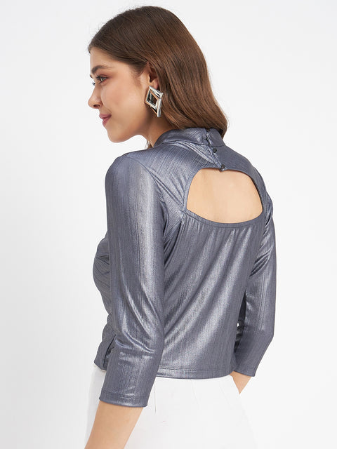 Madame Shimmering Asymmetrical Seam Detail Navy Blue Top