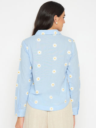 Madame Floral Embroidery Blue Cotton Shirt