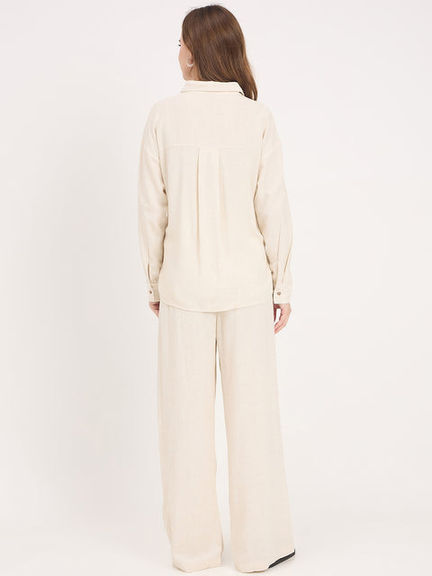 Madame Beige Embroidered Rayon Linen Full Sleeve Shirt