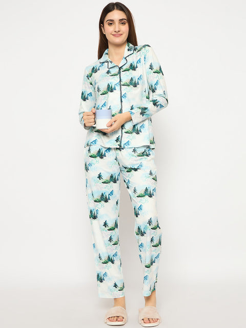 mSECRET Botanical Print Notch Lapel Top and Bottom Teal Night Suit