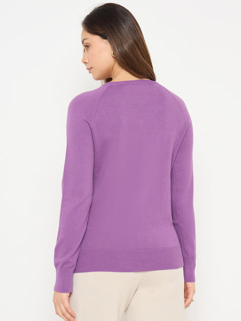 Madame V Neck Purple Solid Sweater