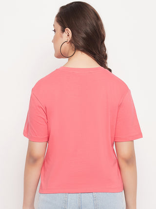 Madame Pink Cotton Regular Fit Printed T-shirt