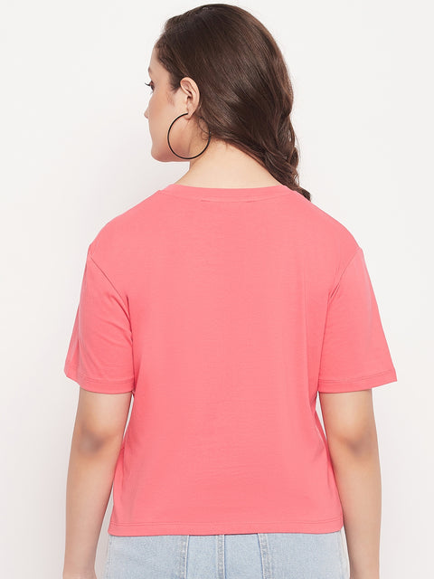 Madame Pink Cotton Regular Fit Printed T-shirt