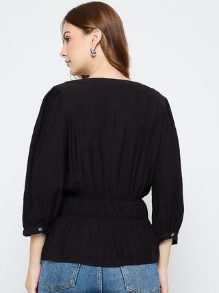 Madame Solid Rayon Blend Black Peplum Top