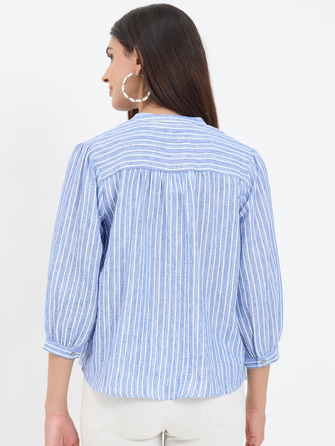 Madame Blue Striped Mandarin Top