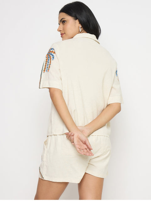 Madame Printed Beige Cotton Blend Co-ord Set