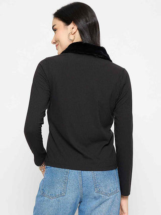 Madame Fur Trimmed Black Zipped Top