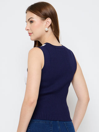 Madame Colourblock Sleeveless Navy Blue Knitted Top