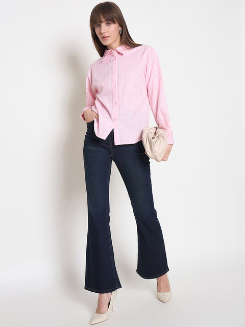 Madame Striped Cuff Sleeve Shirt Collar Pink Shirt