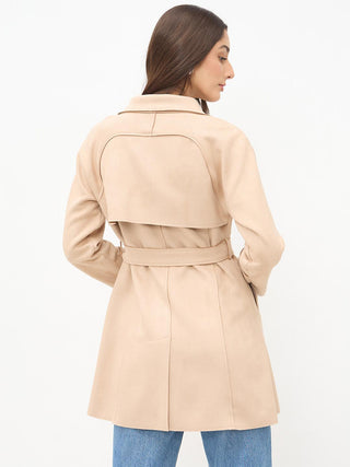 Madame Beige Trench Coat with Lapel Notch Neckline and Belt