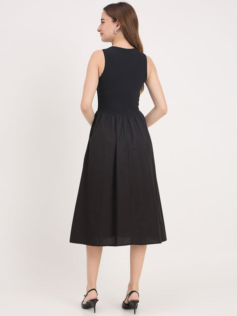 Madame Black Cotton Sleeveless Fit and Flare Maxi Dress