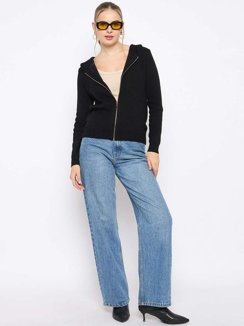 Madame Zip Solid Black Hooded Sweater