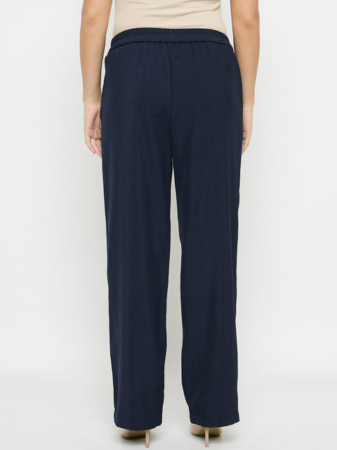 Madame Solid Straight Fit Navy Blue Trousers