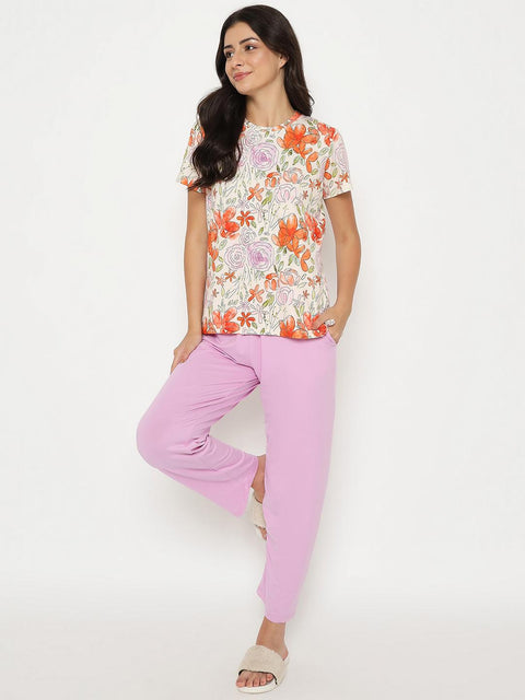 mSECRET Botanical Print Top and Solid Bottoms Lavender Night Suit