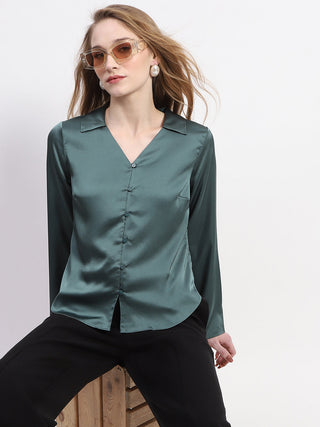 Madame Satin Bell Sleeve Collared Solid Jade Green Top
