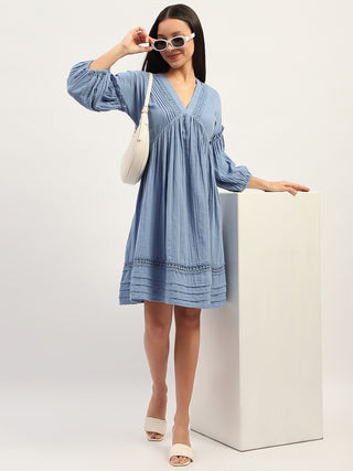 Madame Puff Sleeve Fit And Flare Cotton Blue Midi Dress