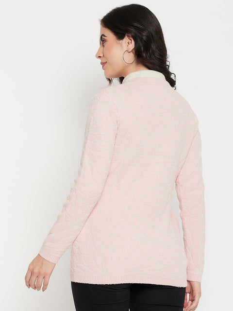 Madame V-Neck Solid Pink Cardigan