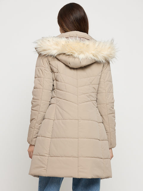 Madame Beige Quilted High Neck Full Sleeve Midi Jacket