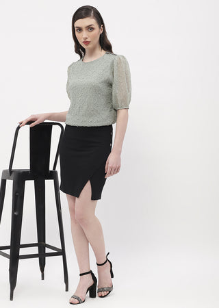 Madame Puff Sleeve Green Crinkled Fabric Top