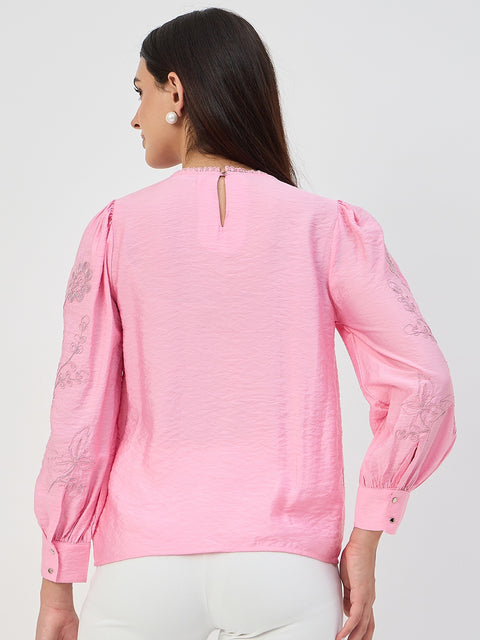 Madame Pink Embroidered Bishop-Sleeve Viscose Top