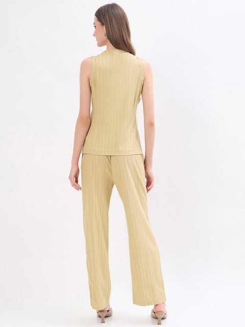 Madame Beige Rayon Blend Striped Formal Co-ord Set